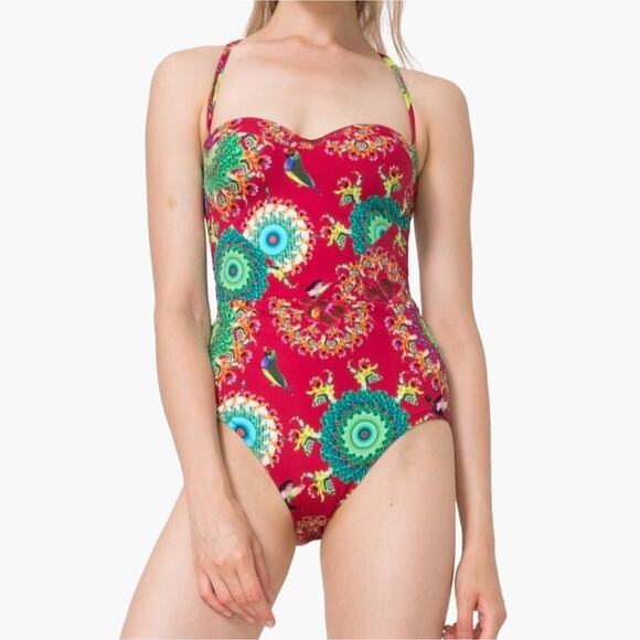 Desigual Sonar Floral 1 Piece Swimsuit Size XL Retro Bandeau Underwire Bohemian - Picture 1 of 12